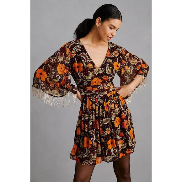 New Anthropologie Verb by Pallavi Floral Fringed Mini Dress $220 XS Brown Motif - Picture 1 of 5
